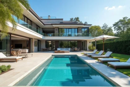 Espace jardin avec piscine bien aménagé et verdoyant