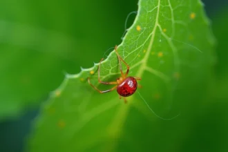 Gros plan d'un acarien rouge sur la face inférieure d'une feuille verte avec toiles visibles et dégâts de piqûres
