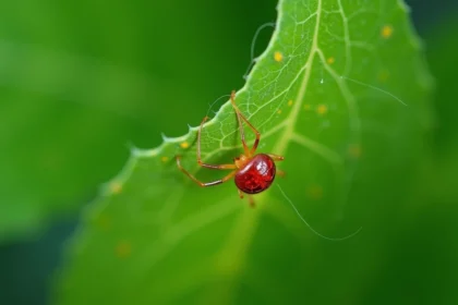 Gros plan d'un acarien rouge sur la face inférieure d'une feuille verte avec toiles visibles et dégâts de piqûres