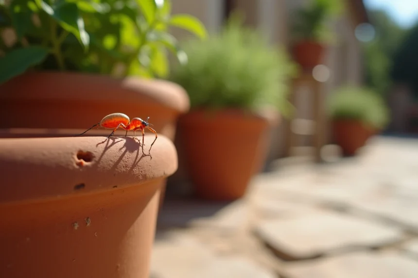 Gros plan macro d'un petit acarien rouge sur un pot en terre cuite posé sur une terrasse de jardin