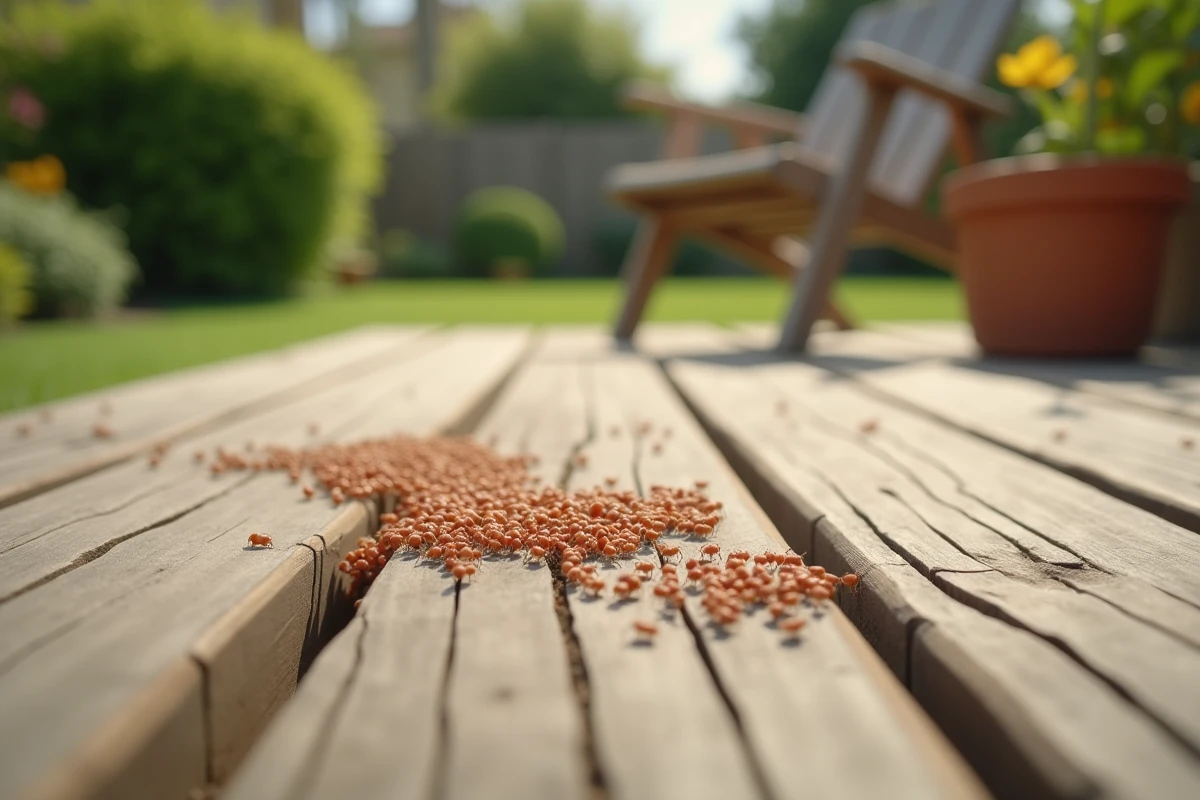 Colonie de petits acariens rouges visibles dans les joints d'une terrasse en bois de jardin