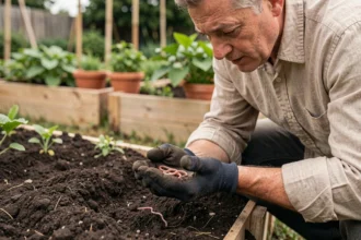 Homme examinant des vers de terre dans son jardin potager avant de les acheter