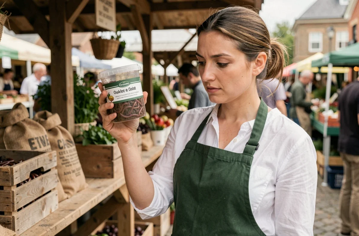 Femme lisant l'étiquette d'un contenant de vers de terre au marché de jardinerie