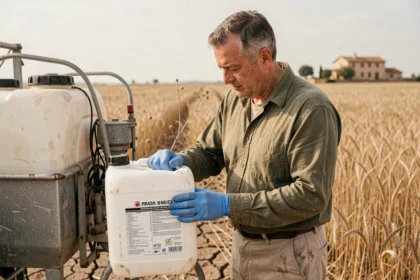Agriculteur espagnol lisant l'étiquette d'un herbicide Roundup Ultra Plus avant l'application, erreurs d'utilisation à éviter