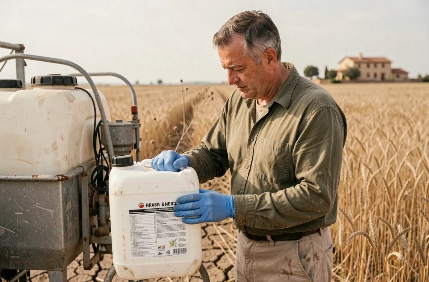 Agriculteur espagnol lisant l'étiquette d'un herbicide Roundup Ultra Plus avant l'application, erreurs d'utilisation à éviter