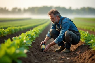 Agriculteur examinant ses cultures après application d'Humonia, un fertilisant organique innovant, dans un champ verdoyant en France