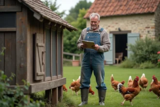 Agriculteur français consultant ses notes devant un poulailler en bois avec des poules en liberté dans une ferme rurale