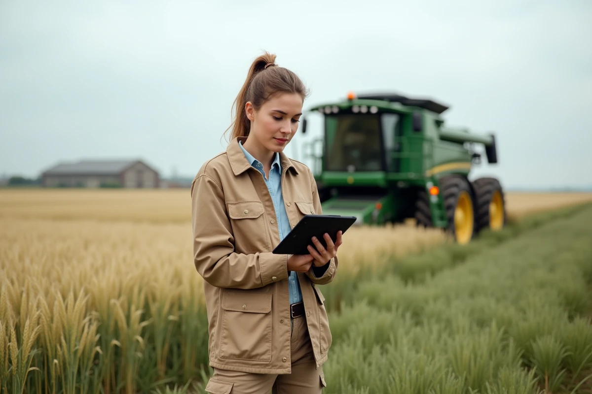 Agronome féminine consultant ses données sur tablette devant une machine d'épandage dans un champ de blé, illustrant l'adoption d'Humonia par les professionnels agricoles