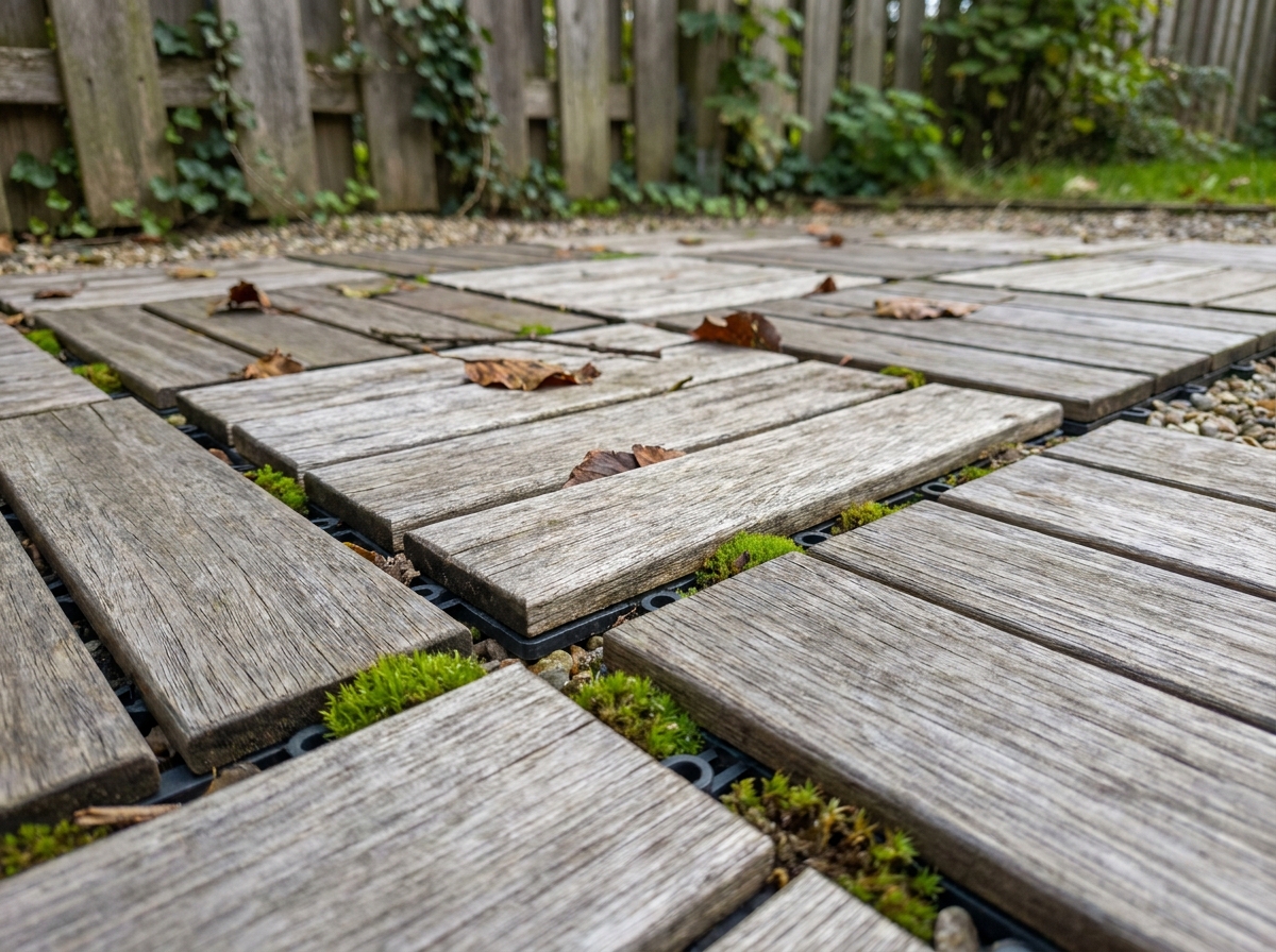 Allée de jardin en caillebotis bois modulaire avec graviers et végétation naturelle en arrière-plan
