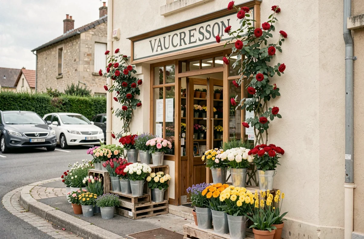 Devanture fleurie de la jardinerie et fleuriste Allégresse à Vaucresson avec fleurs en zinc et plantes en pot