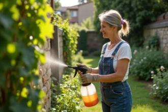 Jardinière appliquant une alternative naturelle à la bouillie bordelaise sur une vigne en jardin potager