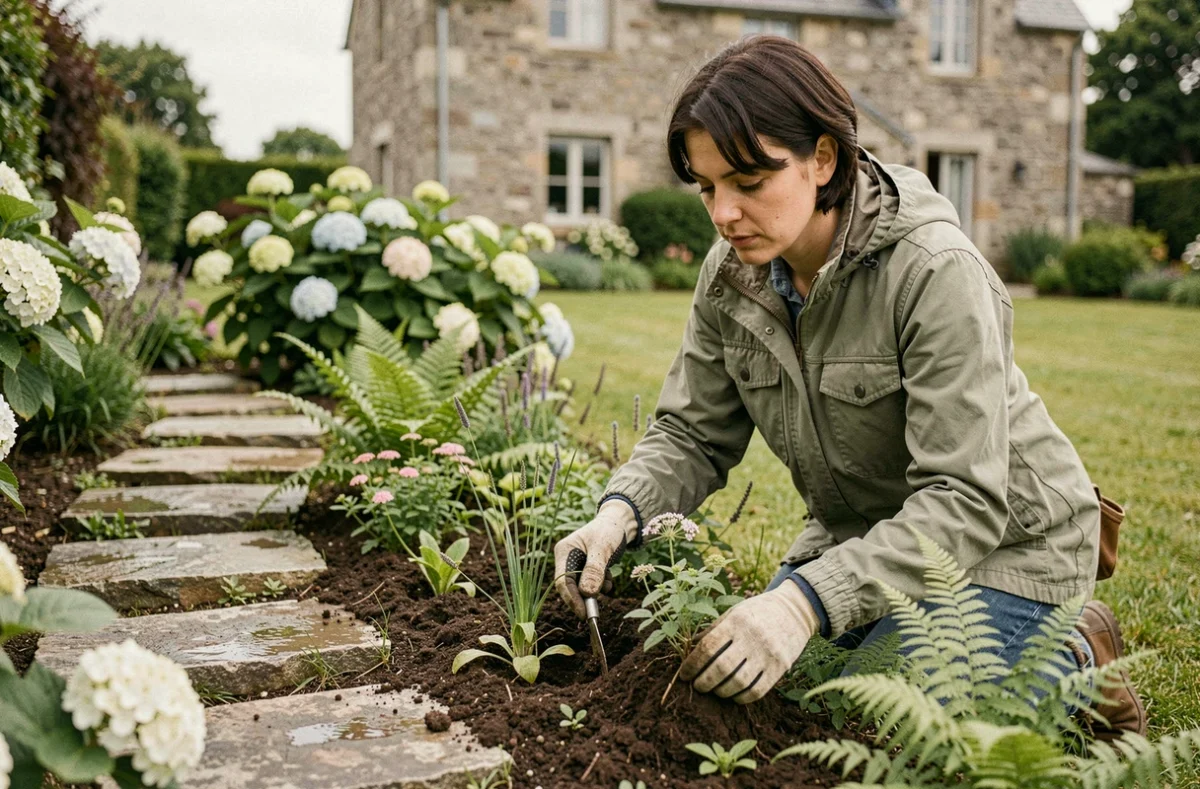 Paysagiste femme d'Ameline Arbora plantant des vivaces dans un jardin de style cottage en Bretagne