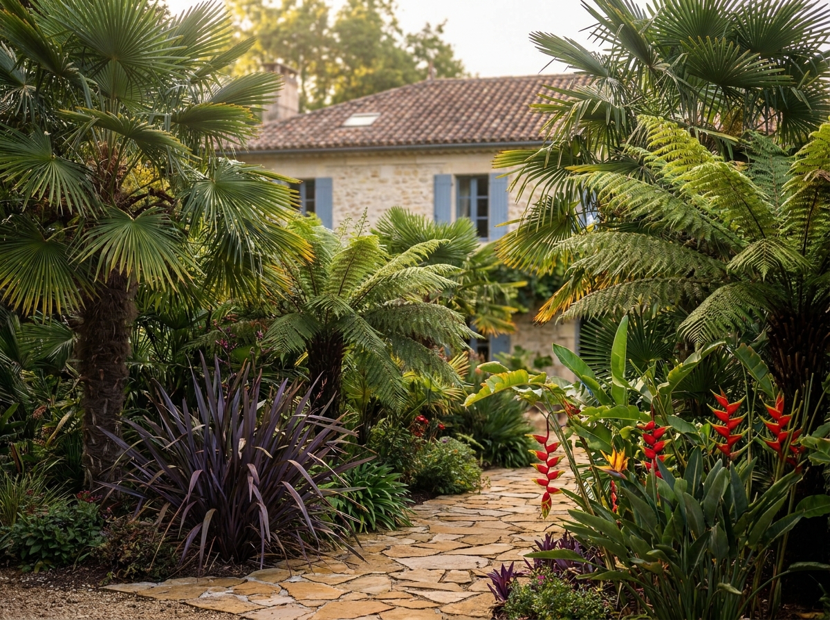 Jardin exotique aménagé avec palmiers, fougères géantes et heliconias devant une maison girondine à Bordeaux