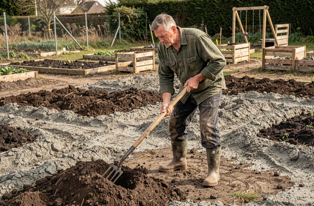 Jardinier travaillant une terre lourde et argileuse avec une fourche bêche dans un potager