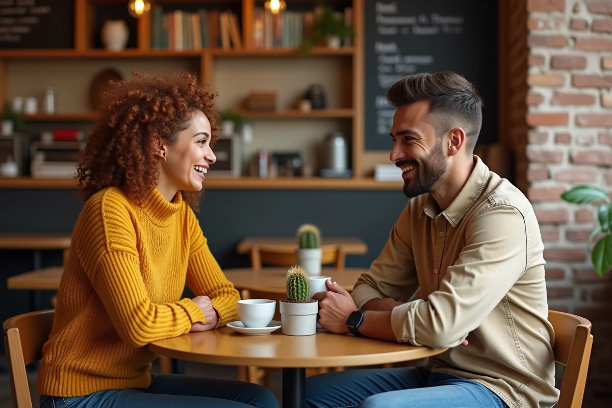 Deux amis riant ensemble autour d'un cactus en pot posé sur une table de café, illustrant l'humour autour d'offrir un cactus