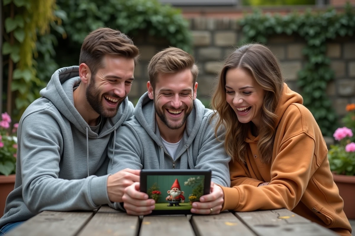Groupe d'amis jouant ensemble à un jeu de nain de jardin sur tablette dans un jardin