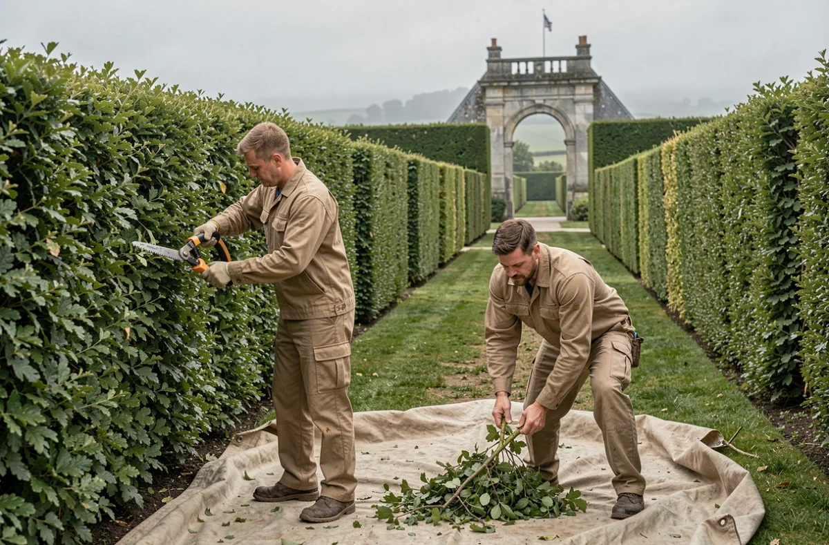 Équipe d'Arbor Et Sens Paysage SARL taillant une haie de charmes dans un jardin formel des Côtes-d'Armor