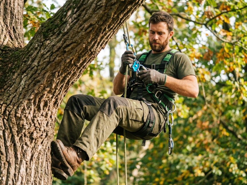Arboriste utilisant un descendeur évacuateur fixé à un tronc d'arbre lors d'une opération d'élagage en hauteur