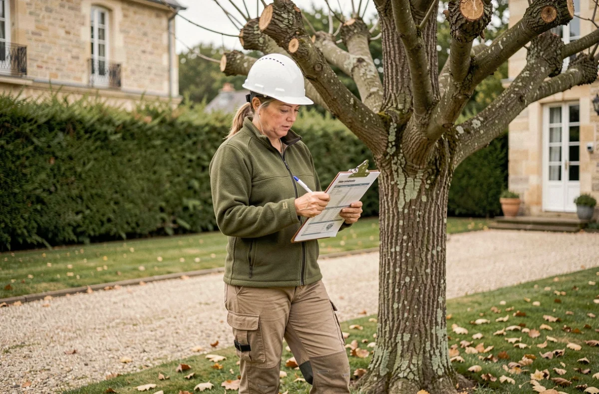 Arboriste femme consultant un devis d'élagage dans un jardin résidentiel français