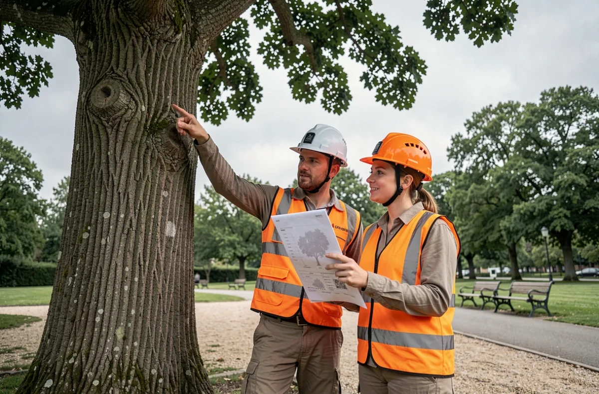 Deux arboristes certifiés consultant un rapport d'évaluation au pied d'un grand chêne de 30 ans dans un parc municipal