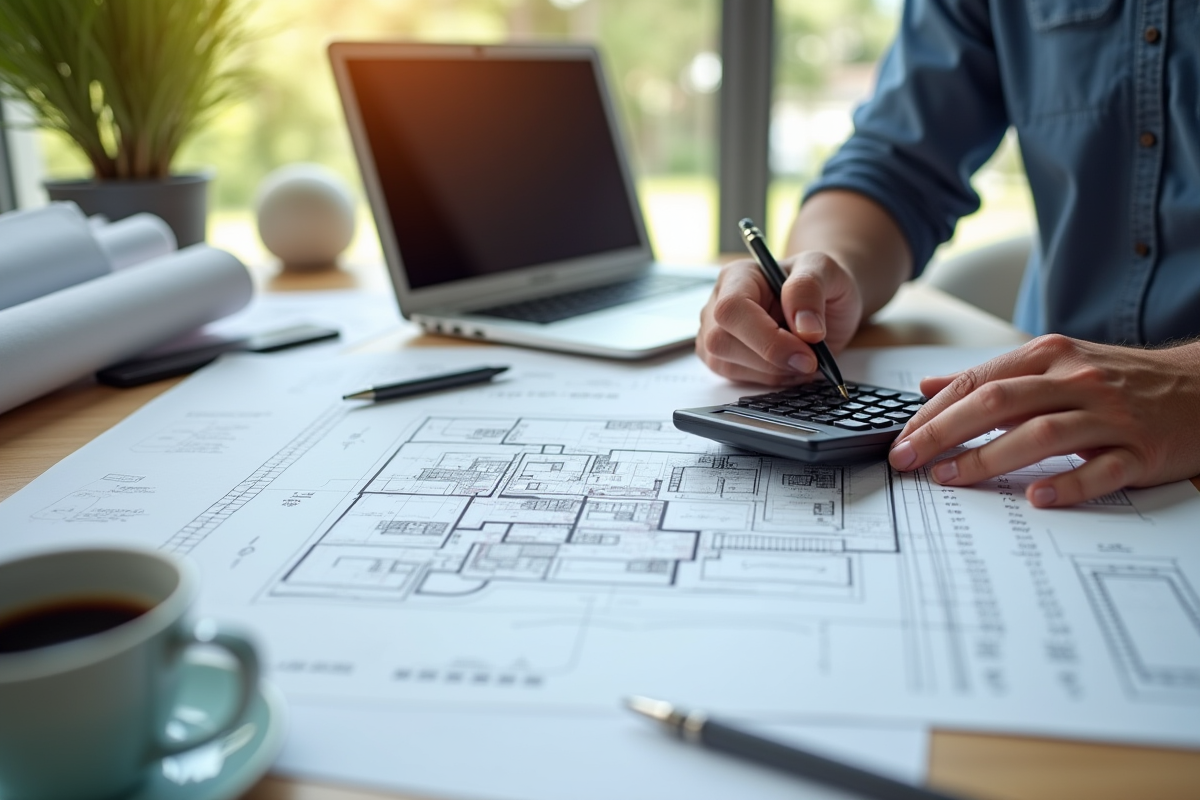 Architecte dessinant un plan de terrasse avec calculatrice et croquis