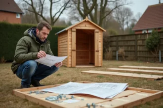 Homme assemblant un cabanon de jardin en kit acheté chez Action, avec les pièces éparpillées sur la pelouse et la notice d'instructions à la main