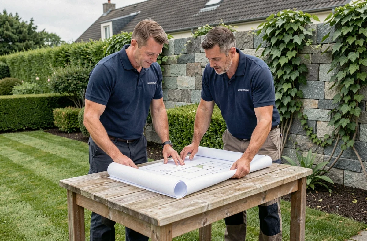 Deux professionnels d'AZ Paysage consultant un plan de jardin devant une propriété paysagée dans les Côtes-d'Armor