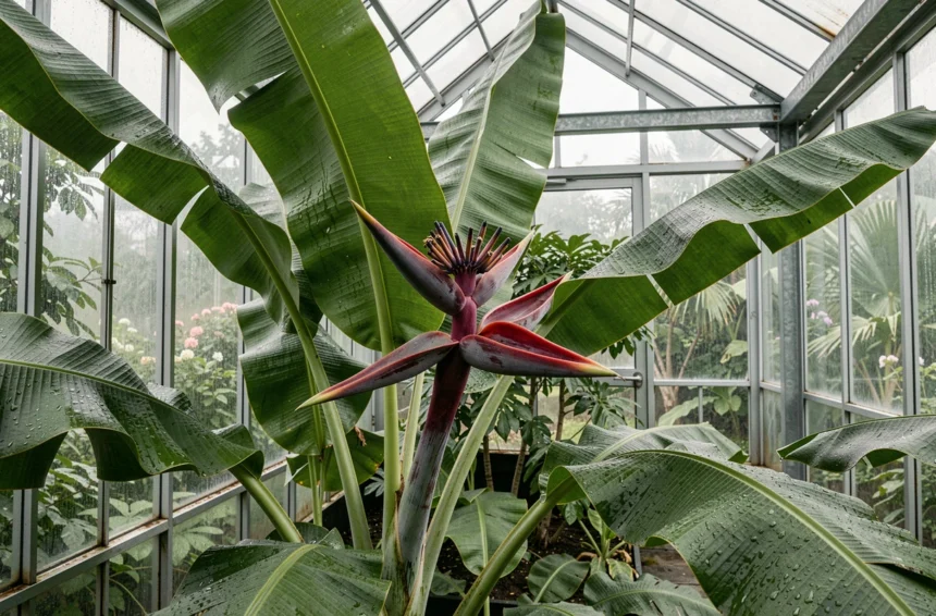 Bananier en fleur dans une serre froide avec son bractée rouge-violet et ses larges feuilles vertes couvertes de condensation