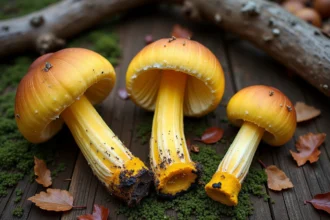 Bolet à chair jaune coupé en deux révélant la chair jaune citron avec légère bleuissure, posé sur une table en bois rustique avec d'autres bolets similaires pour comparaison mycologique