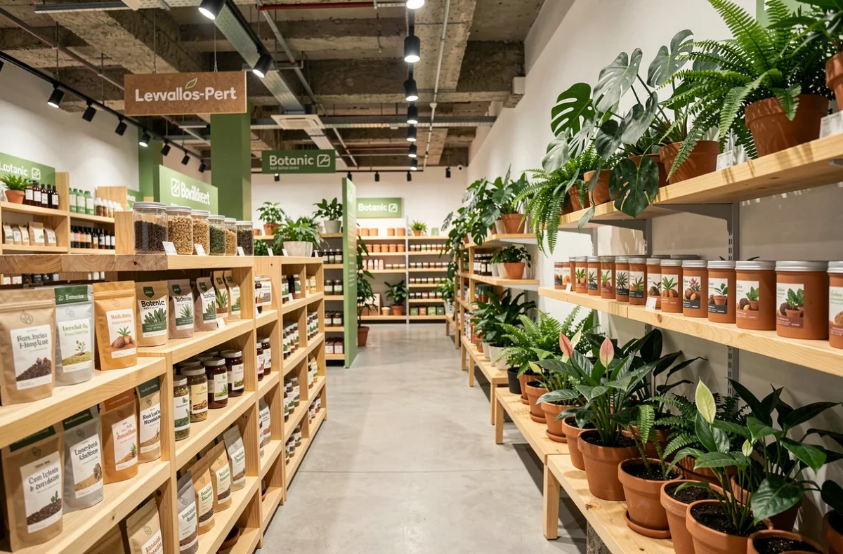 Intérieur moderne du Botanic de Levallois-Perret avec plantes tropicales sur étagères en bois et décor éco-responsable