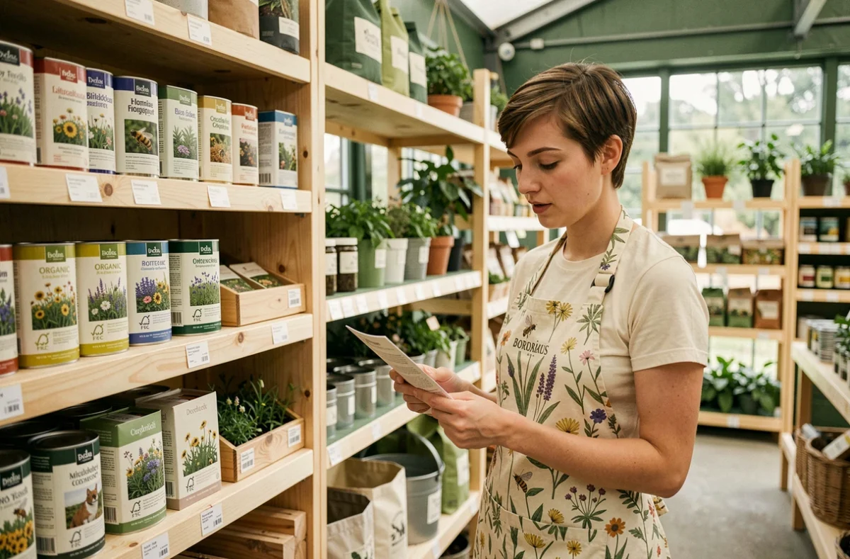 Rayon biodiversité et plantes bio du Botanic de Mérignac, avec une employée inspectant une étiquette de plante sur des étagères en bois naturel