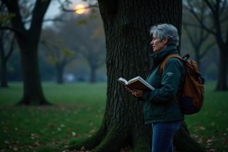 Botaniste femme observant un arbre la nuit dans un parc