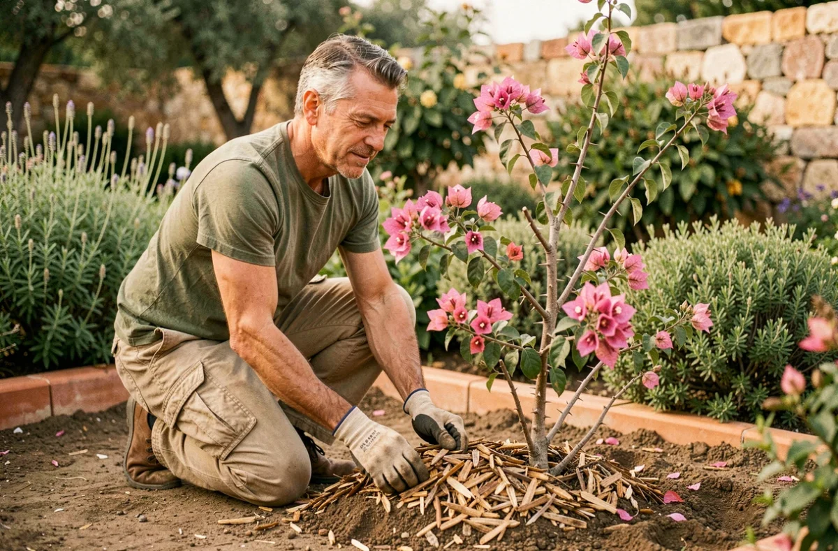 Homme paillant un bougainvillier planté en pleine terre dans un jardin méditerranéen