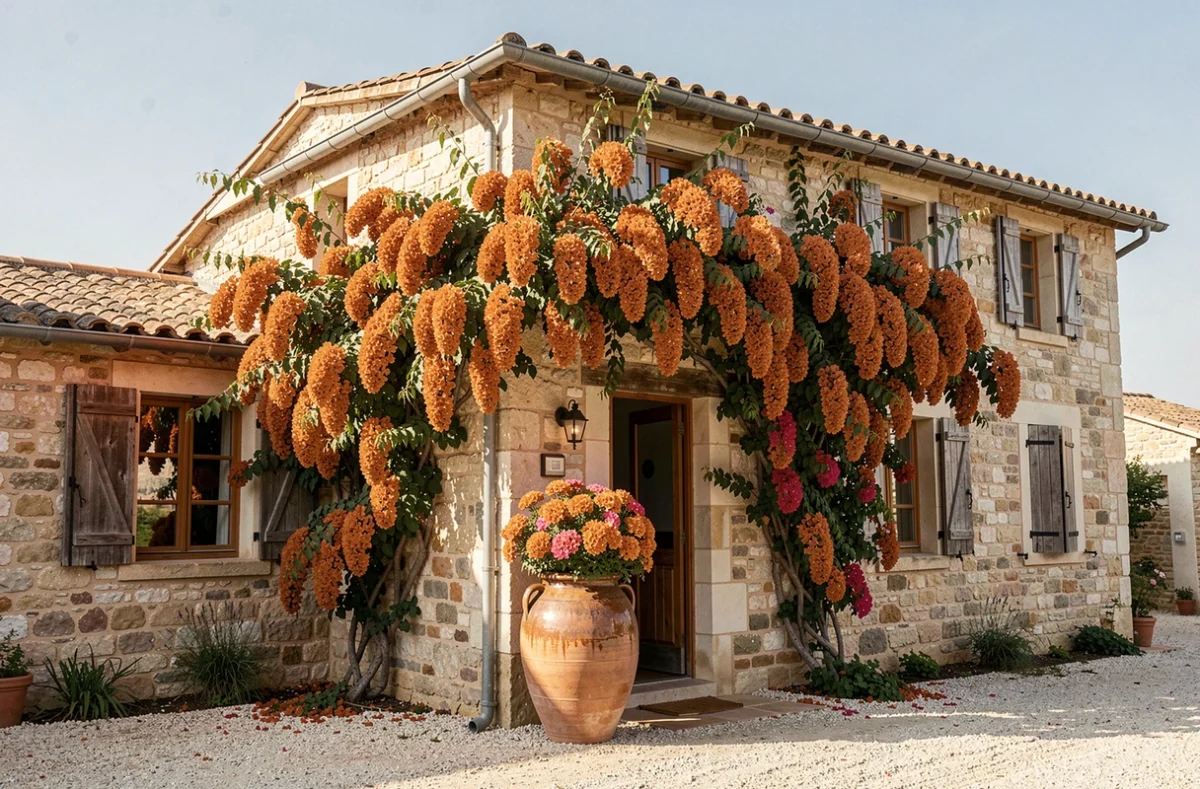 Façade de mas provençal recouvert d'un bougainvillier en pleine terre avec pot en céramique à l'entrée pour comparaison