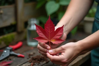 Mains tenant une feuille d'érable du Japon rouge pour une tentative de bouturage