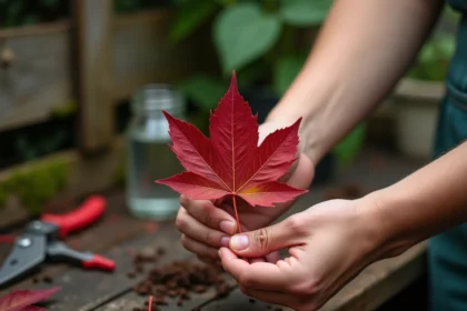 Mains tenant une feuille d'érable du Japon rouge pour une tentative de bouturage