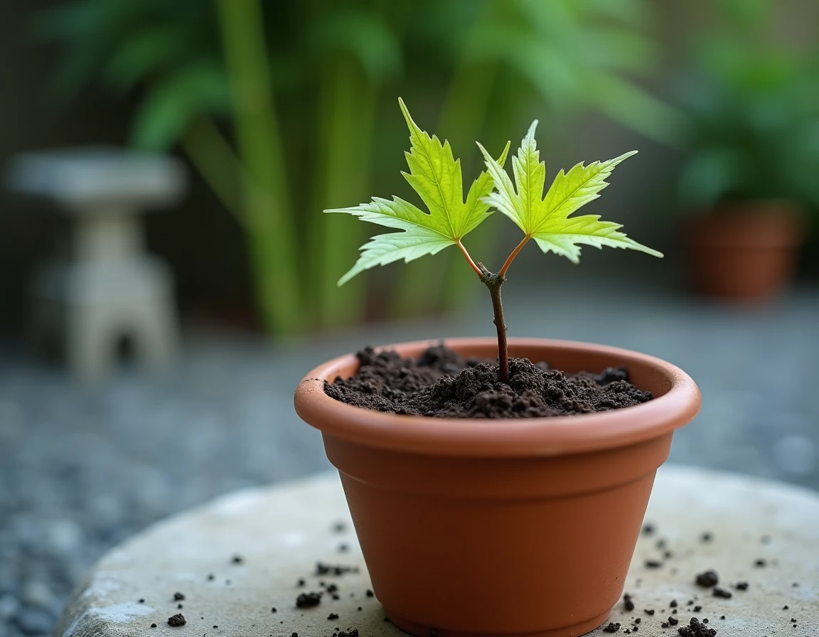 Bouture d'érable du Japon en pot de terre cuite dans un jardin zen