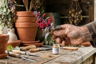 Mains tenant une bouture de sauge rouge avec de la poudre d'hormone de bouturage sur un établi de jardin