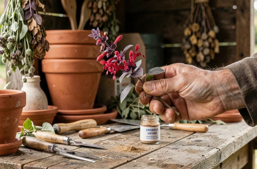 Mains tenant une bouture de sauge rouge avec de la poudre d'hormone de bouturage sur un établi de jardin