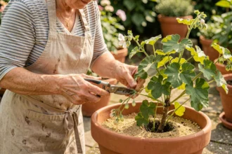 Femme prélevant des boutures de géranium lierre avec un sécateur sur une table de jardin en pierre, pots en terre cuite et feuillage en arrière-plan