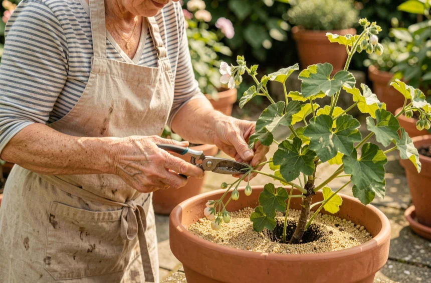 Femme prélevant des boutures de géranium lierre avec un sécateur sur une table de jardin en pierre, pots en terre cuite et feuillage en arrière-plan