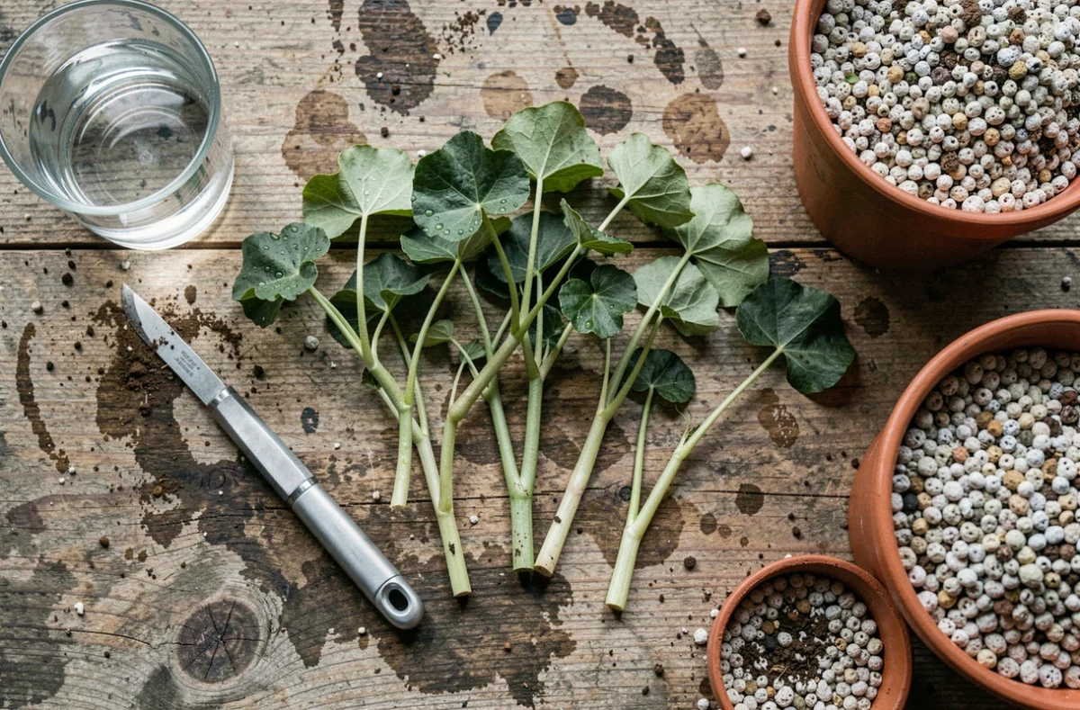 Vue de dessus de boutures de géranium lierre fraîchement coupées disposées sur une table en bois avec outils de bouturage et petits pots remplis de terreau