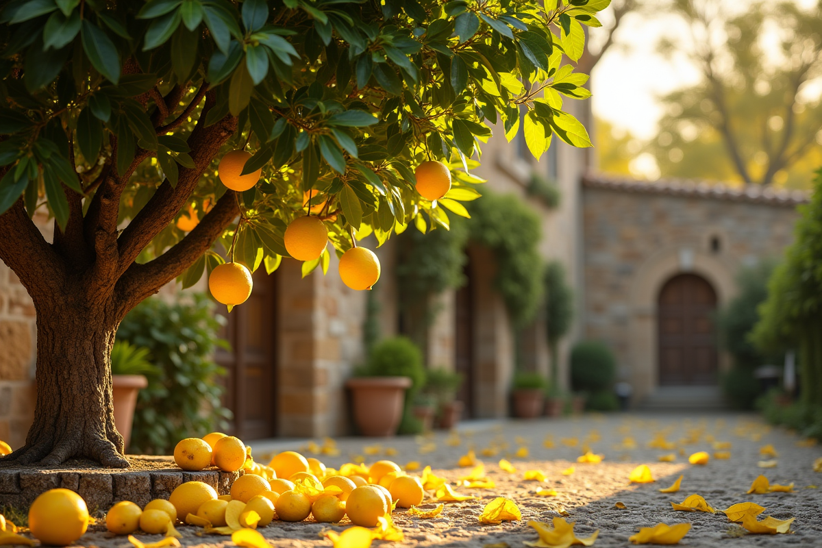 Citronnier taillé dans un jardin méditerranéen au matin
