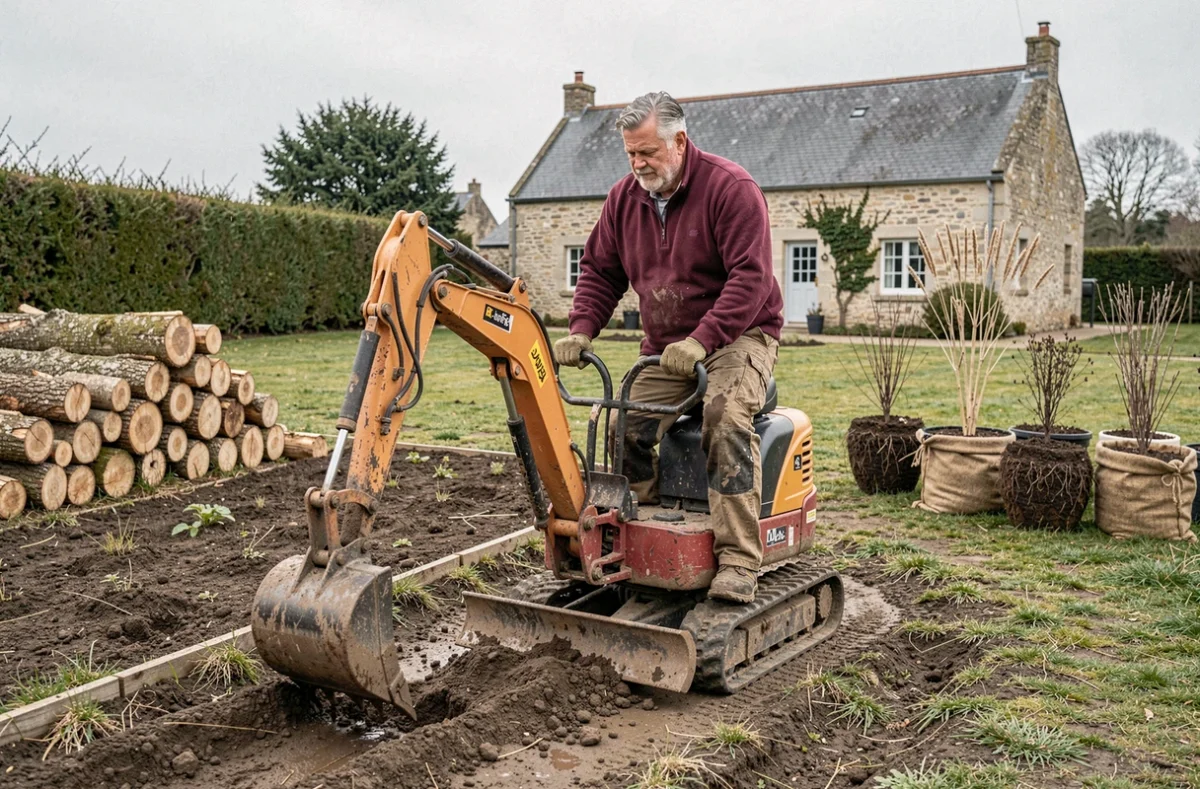 Paysagiste de Buchon Paysage utilisant une mini-pelle pour préparer un grand chantier de jardin dans les Côtes-d'Armor