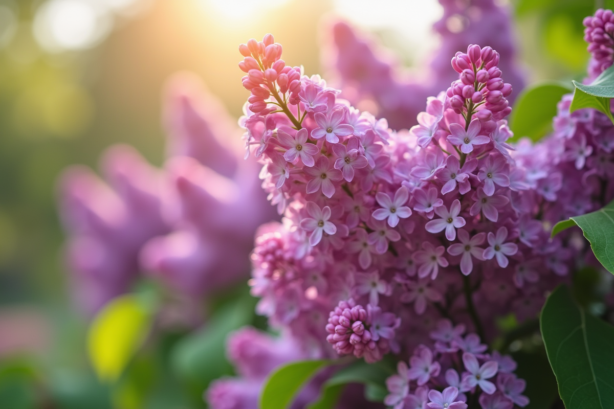 Grand buisson de lilas en pleine floraison dans un jardin printanier