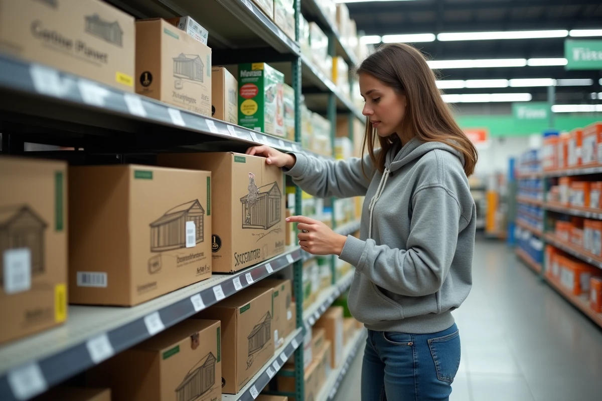 Femme examinant un cabanon en kit dans le rayon d'un magasin discount, en regardant l'étiquette de prix sur l'emballage cartonné