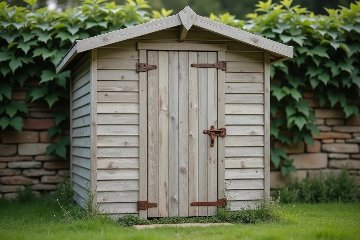 Cabanon de jardin en bois assemblé montrant des défauts visibles comme des panneaux gauchis, des joints ouverts et une charnière rouillée après quelques mois d'utilisation
