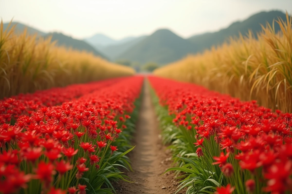 Champ de fleurs higanbana rouge vif longeant un chemin de rizière japonaise à l'équinoxe d'automne