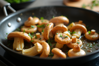 Champignons chanterelles grises sautés avec ail et herbes