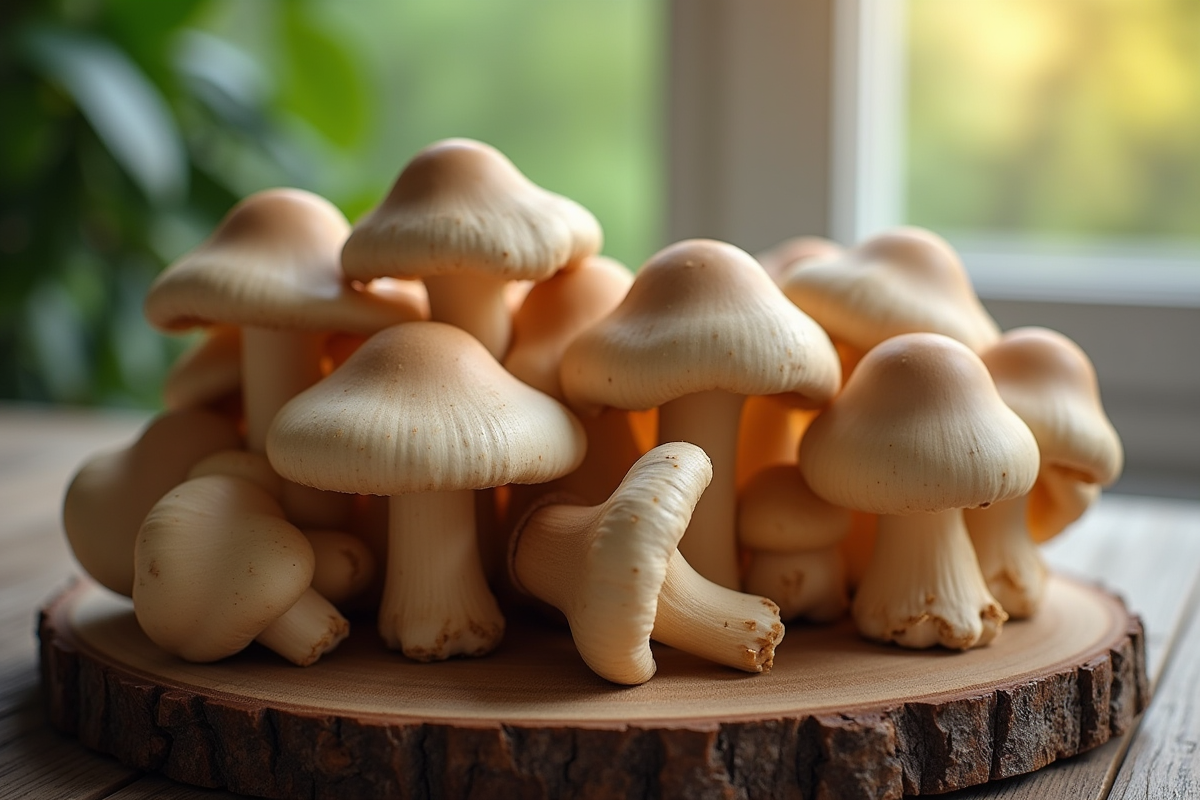 Chanterelles fraîches sur une planche en bois rustique
